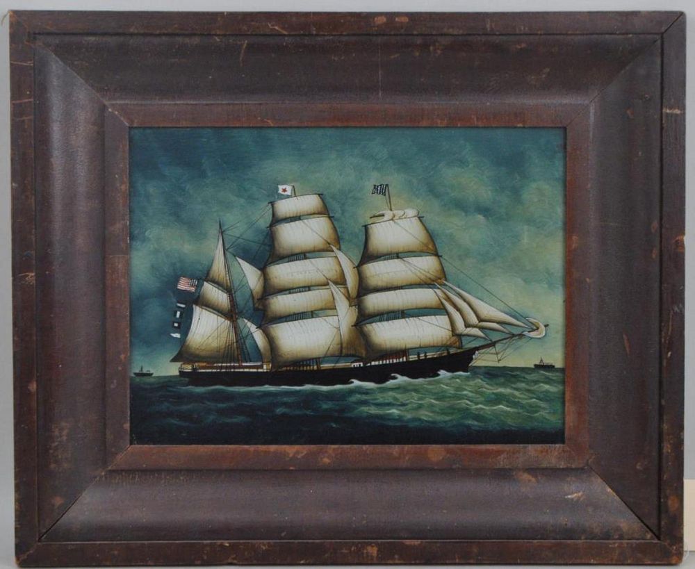 Appraisal: Framed Reverse Painting On Glass Schooner Frame size wide wide