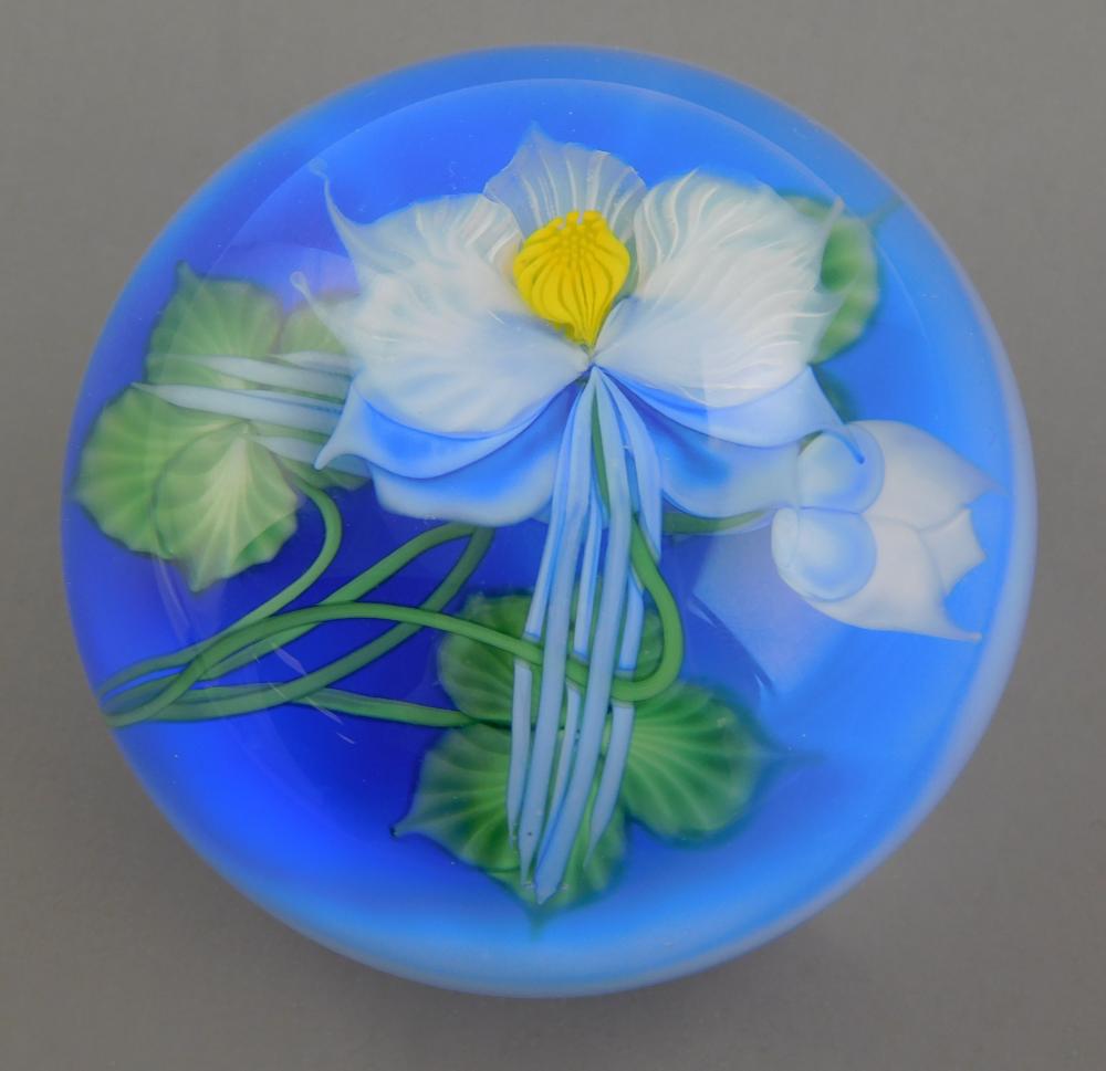 Appraisal: ART GLASS DANIEL SALAZAR FOR LUNDBERG STUDIOS BLUE COLOMBINE DEPICTS