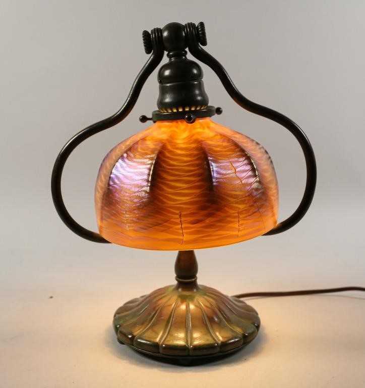 Appraisal: Tiffany Studios harp lamp with favrile shade New York early