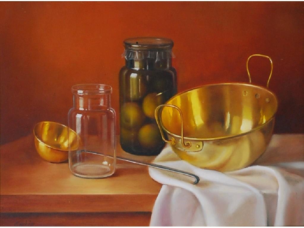 Appraisal: ANDRAS GOMBAR b OIL PAINTING ON BOARDStill life with brass