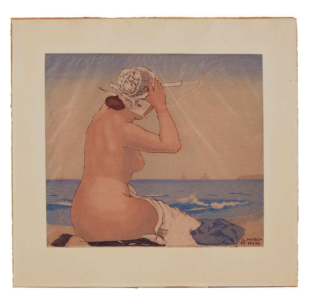 Appraisal: Carl Moser - Hand Colored Wood Block Breton Bather Unframed