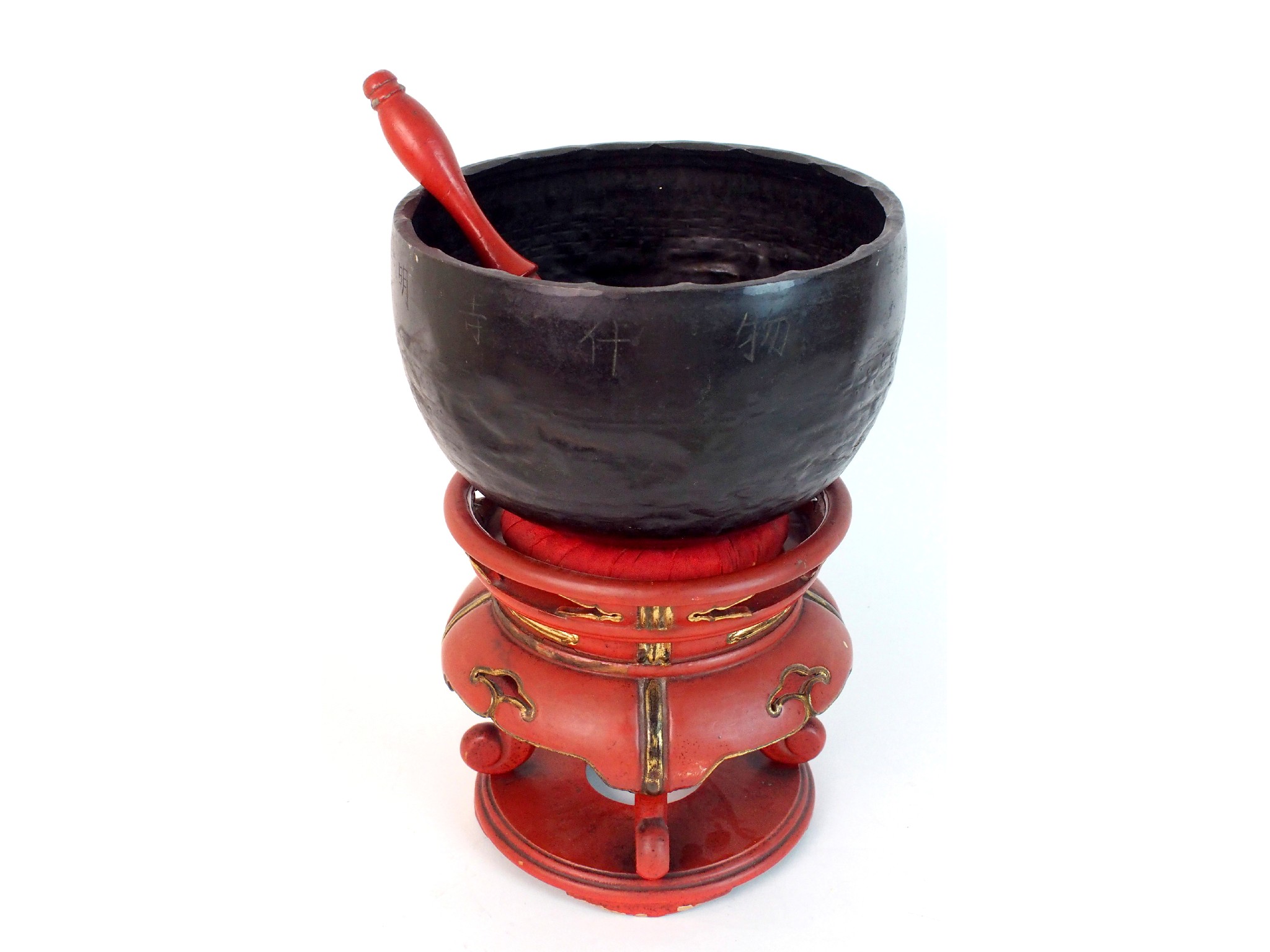 Appraisal: A Chinese gong on red and gold lacquered standwith pierced