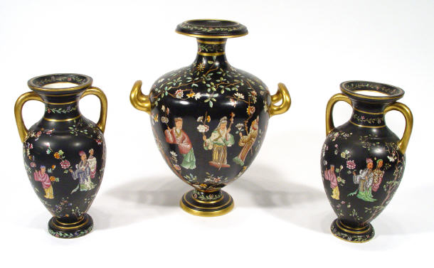 Appraisal: Copeland garniture of three black ground vases hand coloured and