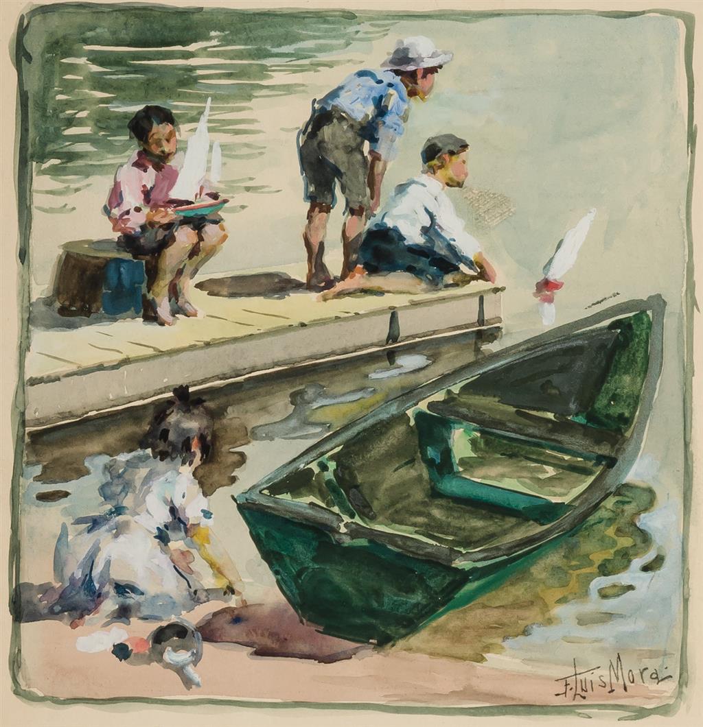 Appraisal: F LUIS MORA American - Children with Pond Boats watercolor