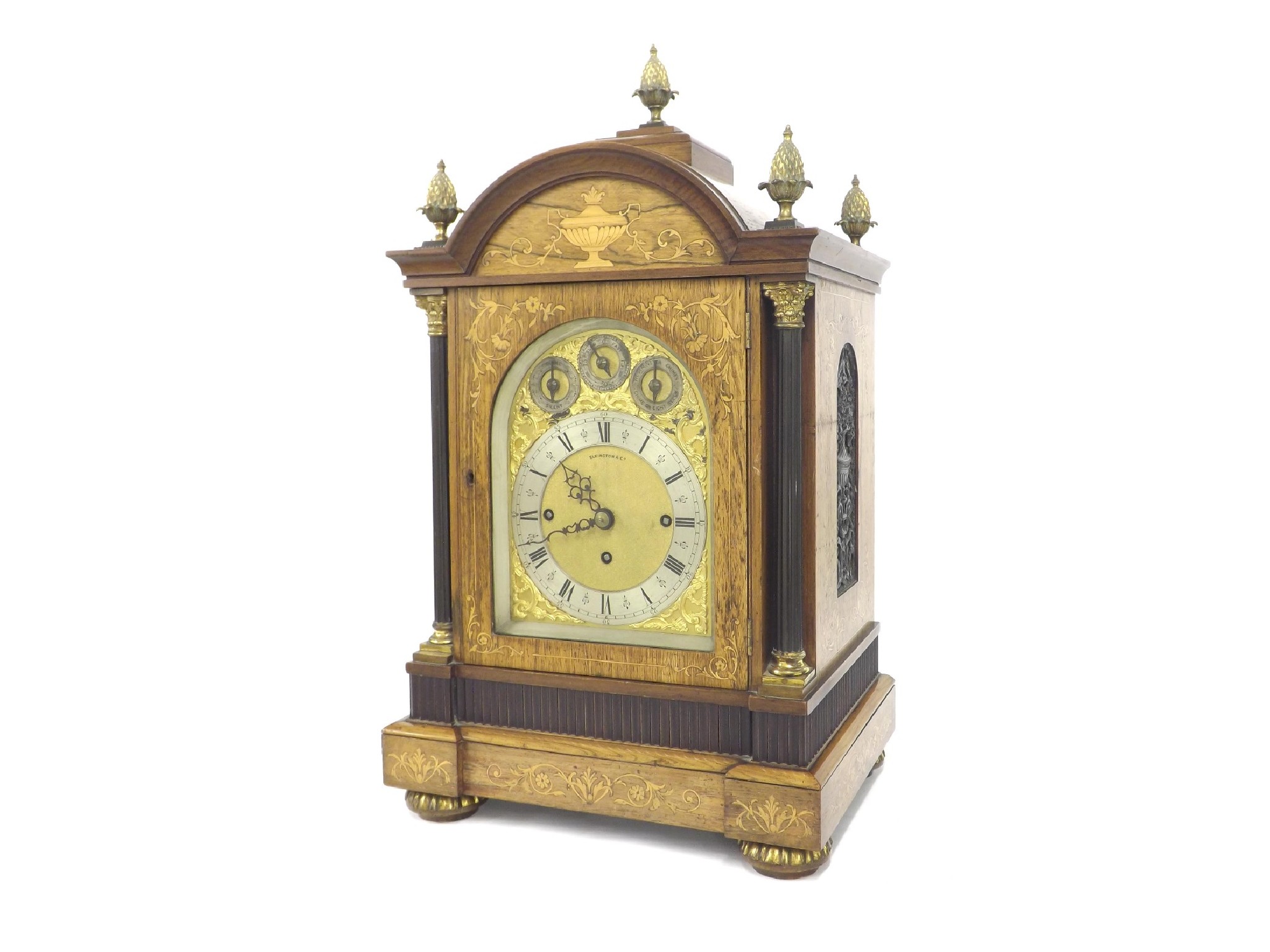 Appraisal: Good rosewood triple fusee boardroom clock the gilded brass arched