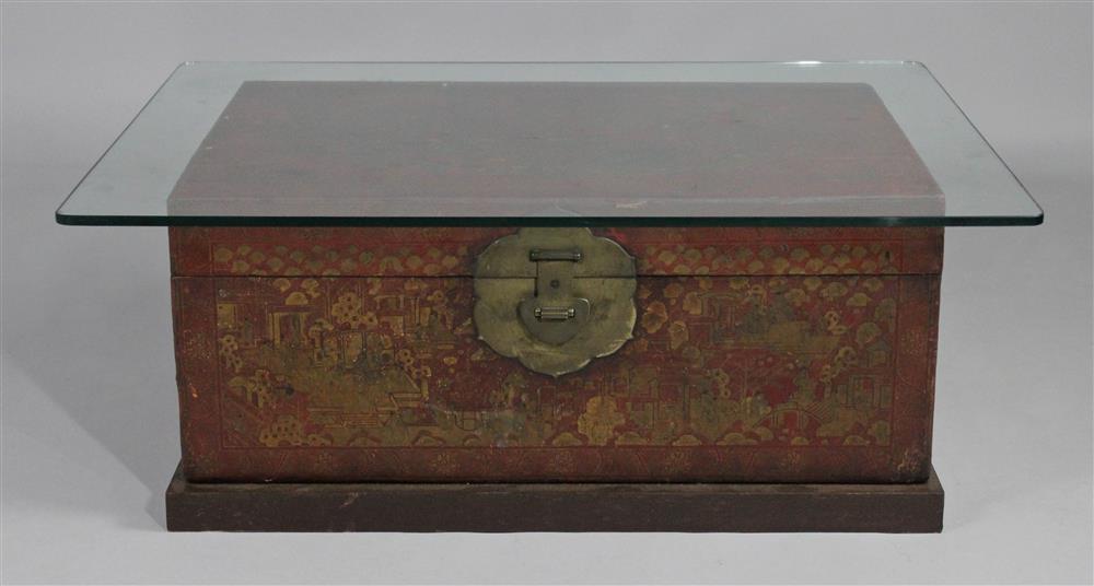 Appraisal: CHINESE EXPORT SCARLET LACQUERED LEATHER COFFEE TABLE WITH GLASS rectangular