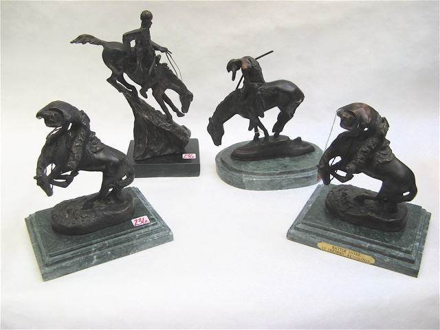 Appraisal: FOUR AMERICAN WESTERN BRONZE STATUES three after Frederick Remington including