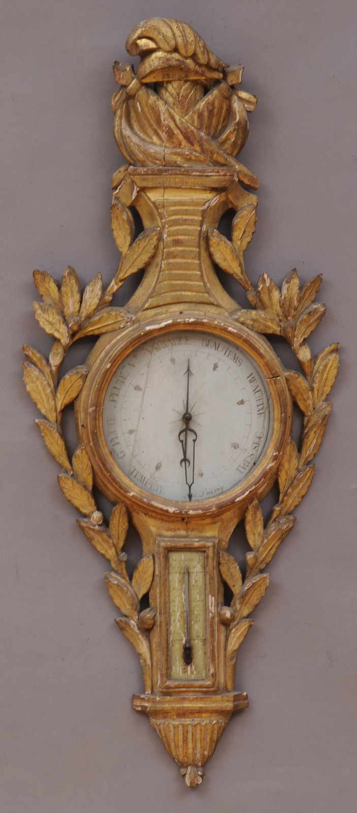 Appraisal: LOUIS XVI CARVED GILTWOOD BAROMETER THERMOMETER SIGNED LUCINY The frame