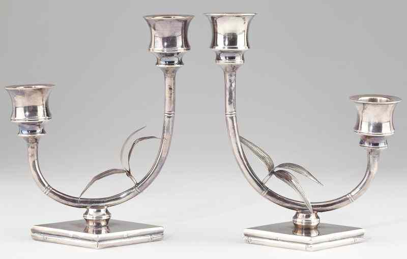 Appraisal: Pair of Japanese Sterling Candelabratwo-light form in the bamboo style