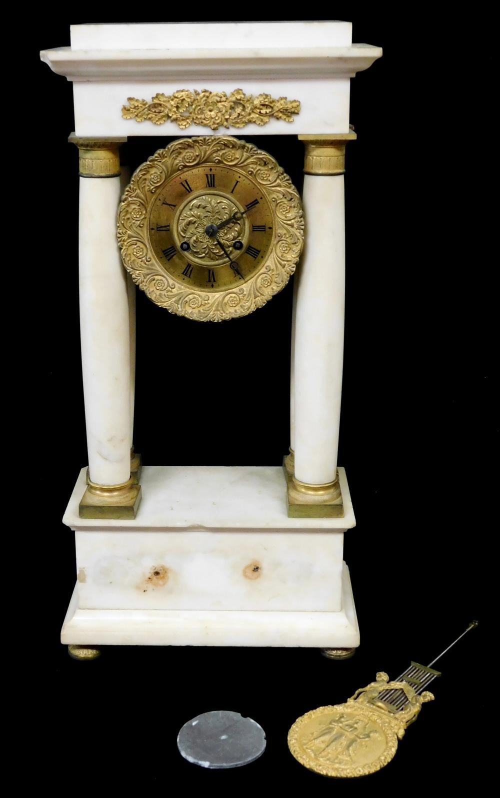 Appraisal: CLOCK Alabaster portico mantel clock gilded metal mounts tapered four