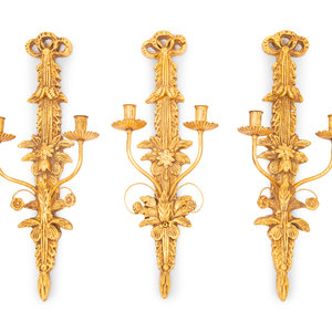 Appraisal: A Set of Three Italian Giltwood and Gilt Metal Two-Light