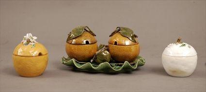 Appraisal: Portuguese Majolica Marmalade Pots Modern Together with two Crown Staffordshire