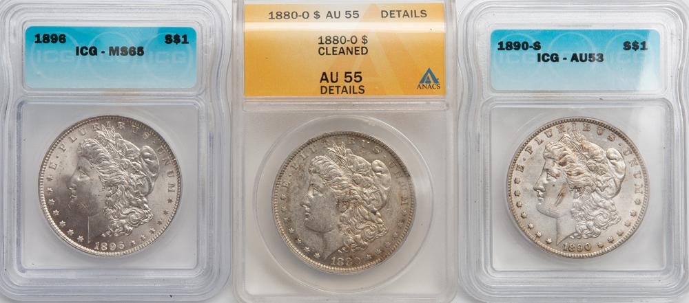 Appraisal: GRADED MORGANS ICG MS -S -O Three Morgan silver dollars