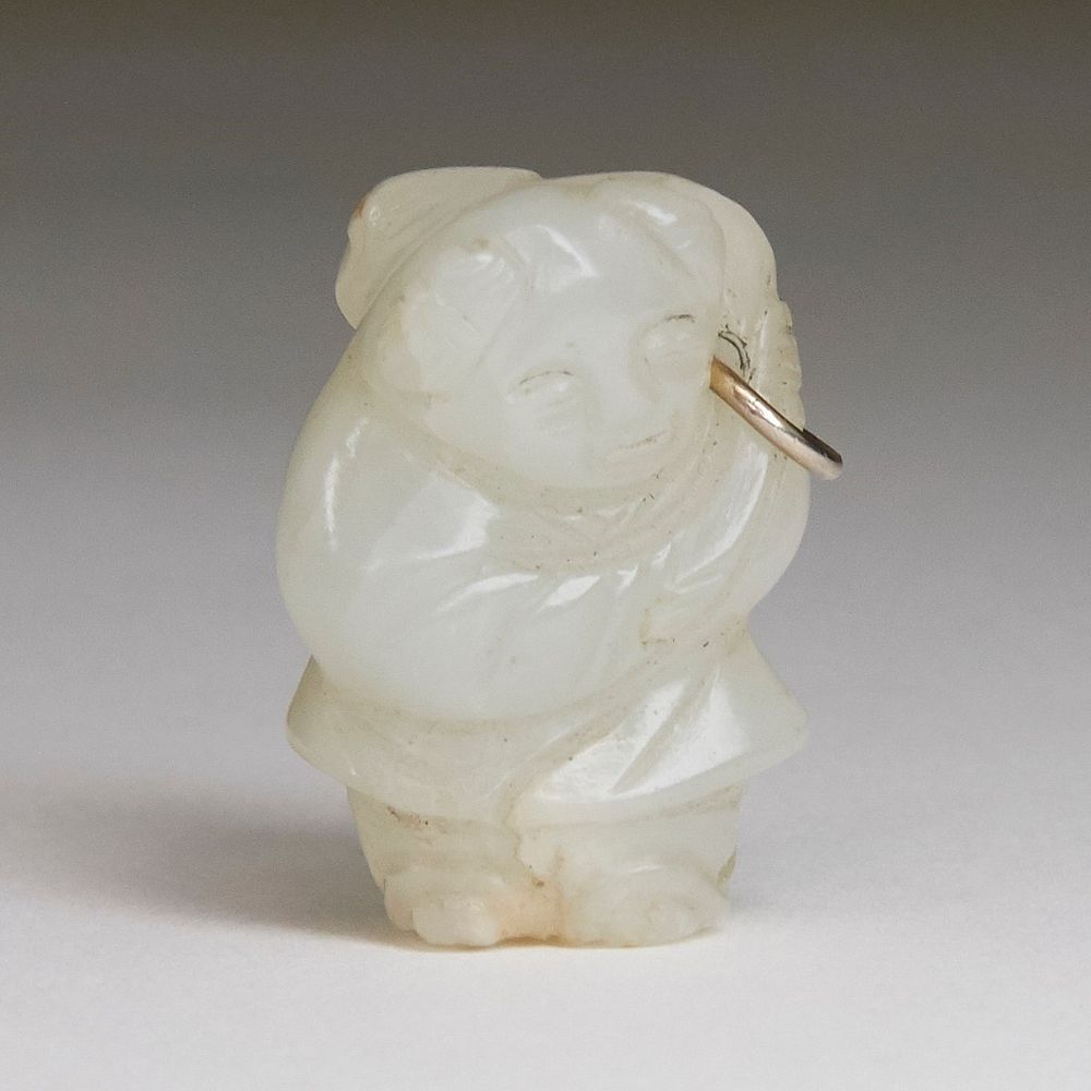 Appraisal: Fine Chinese Jade Boy Carving w Ring Small Chinese jade