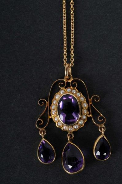 Appraisal: K Gold Necklace with Amethyst Seed Pearls Description Victorian Condition