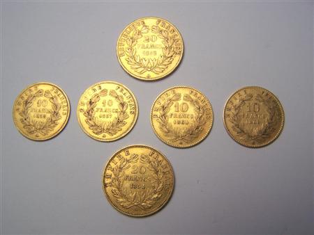 Appraisal: A collection of French gold coins to include Francs A