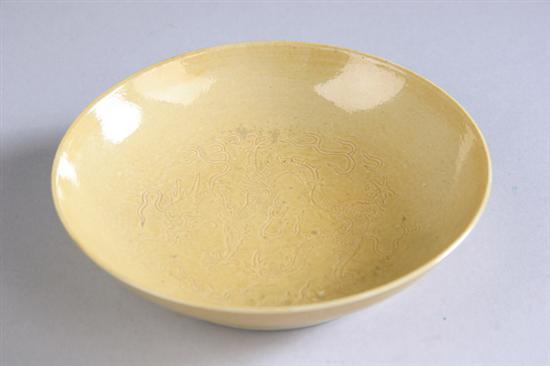 Appraisal: CHINESE YELLOW GLAZED PORCELAIN SAUCER Guangxu six-character underglazed blue mark