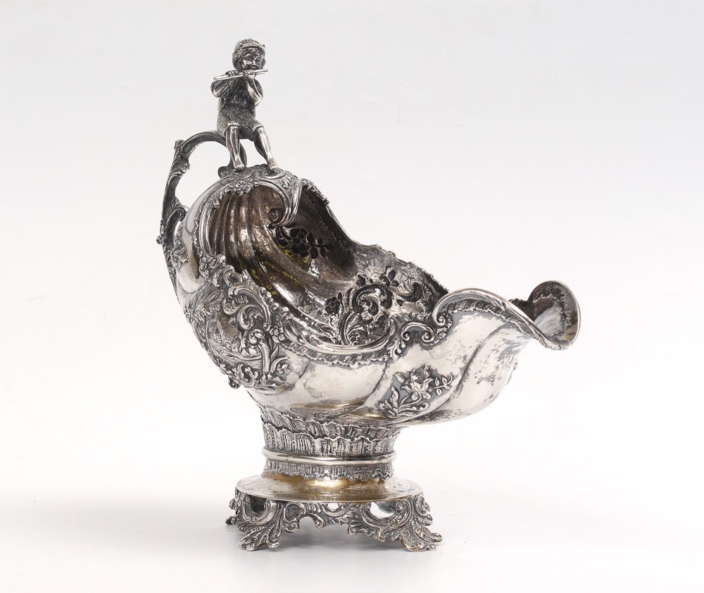 Appraisal: REPOUSSE DUTCH FIGURAL SHELL FORM SILVER SERVING DISH Dutch gravy