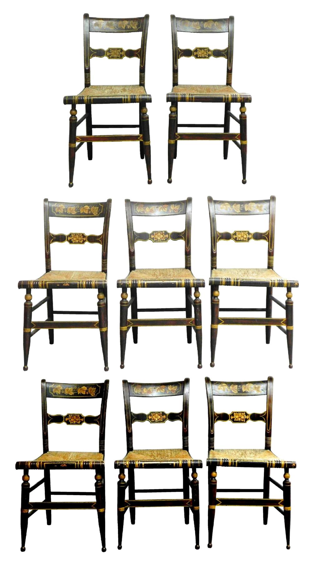 Appraisal: Set of eight slat back chairs with surviving paint American