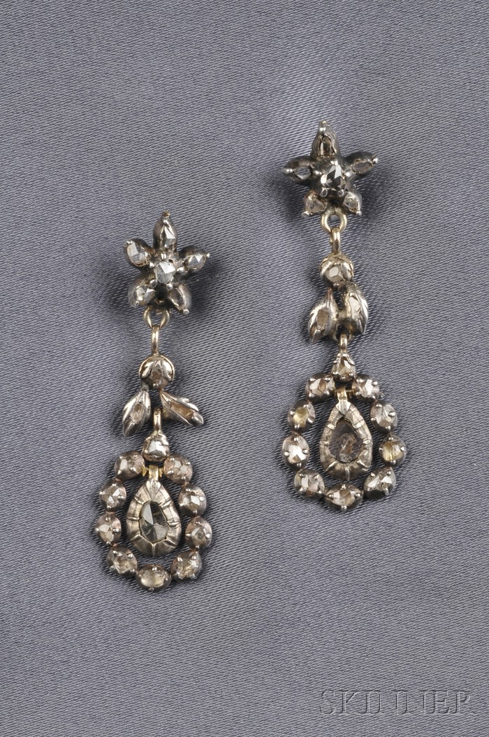 Appraisal: Antique Diamond Earpendants each drop set with rose-cut diamond melee