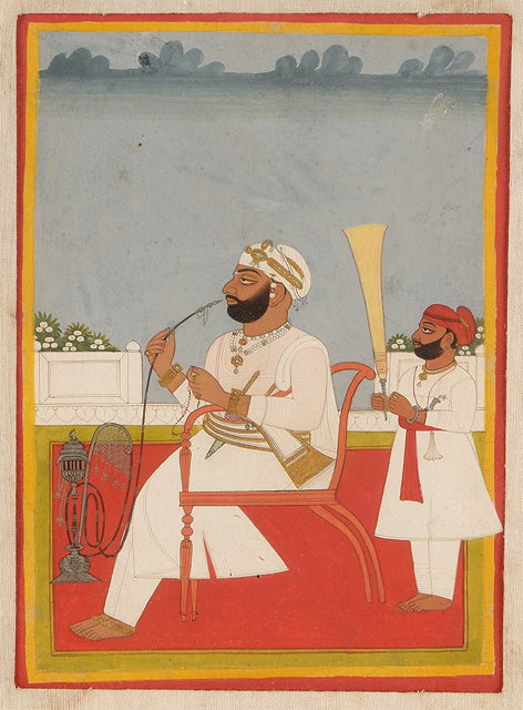 Appraisal: AN INDIAN MINIATURE painted with seated Maharaja with hookah pipe