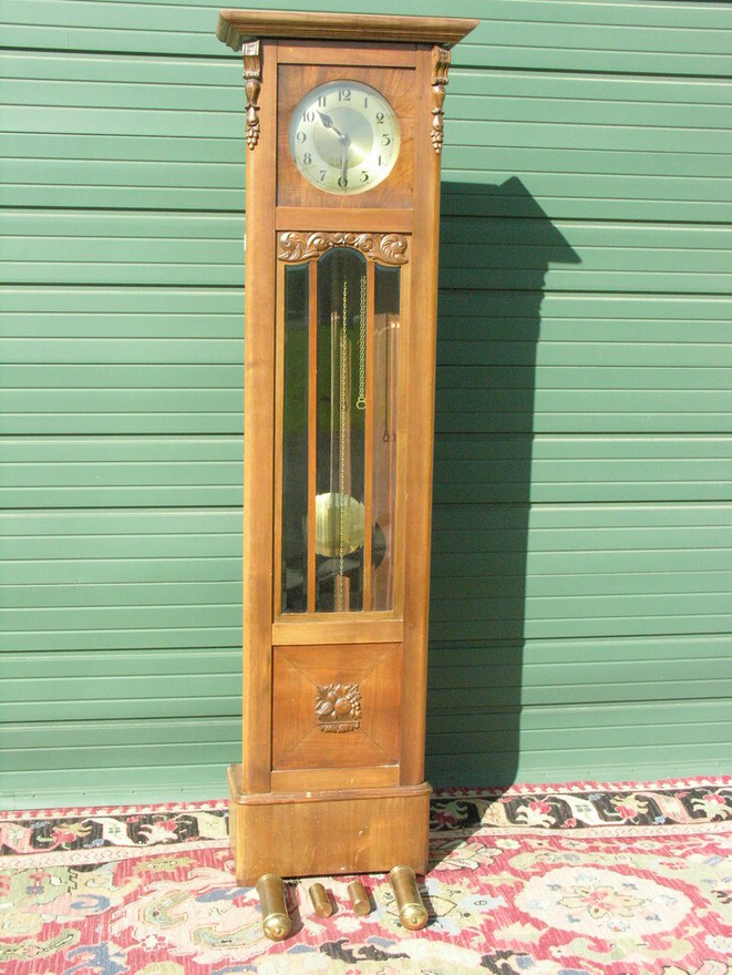 Appraisal: OAK GRANDFATHER CLOCK Nice cornice Metal face with Arabic chapter