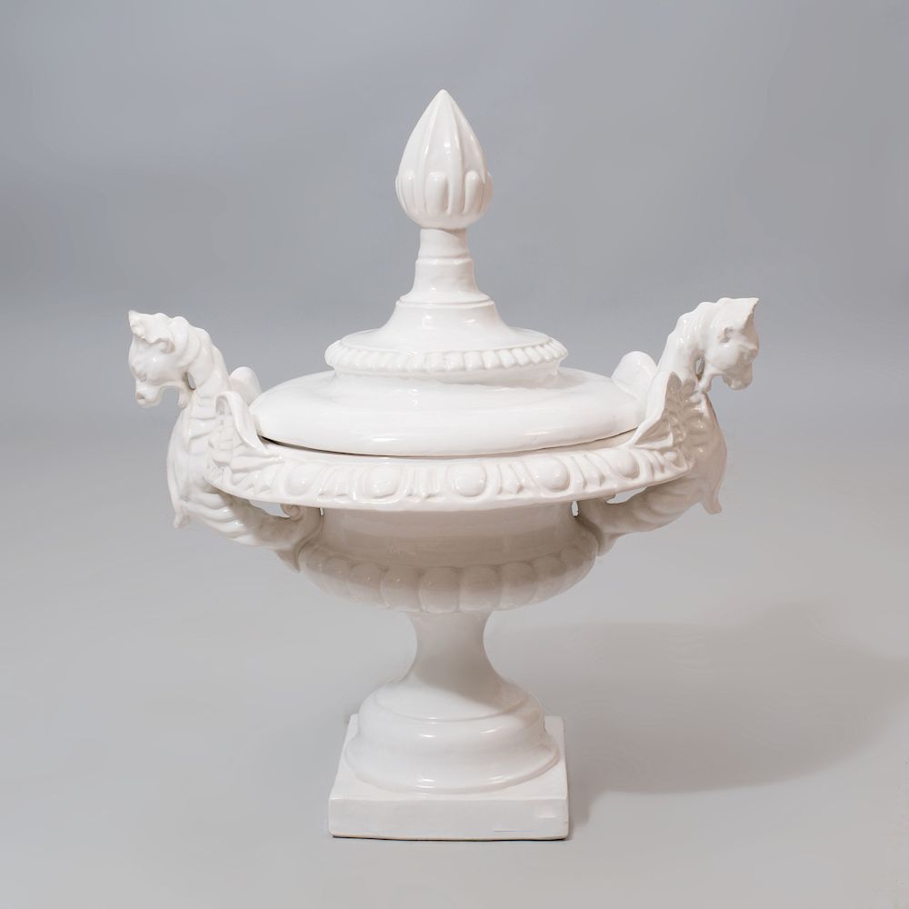 Appraisal: White Glazed Urn and Cover with Gargoyle Form Handles x