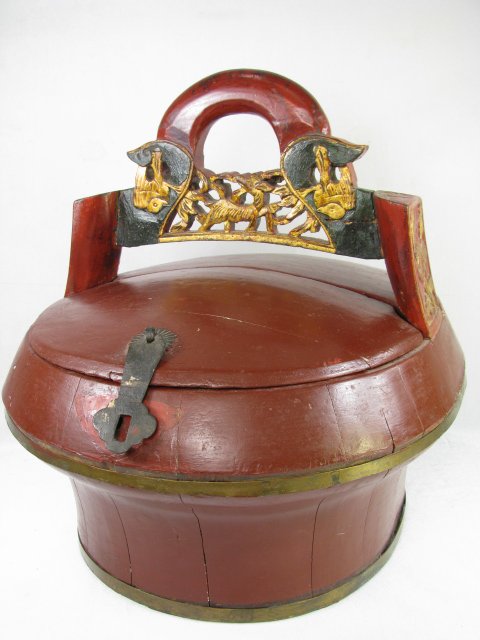 Appraisal: Asian red lacquered carved wooden water bucket with gilt accents