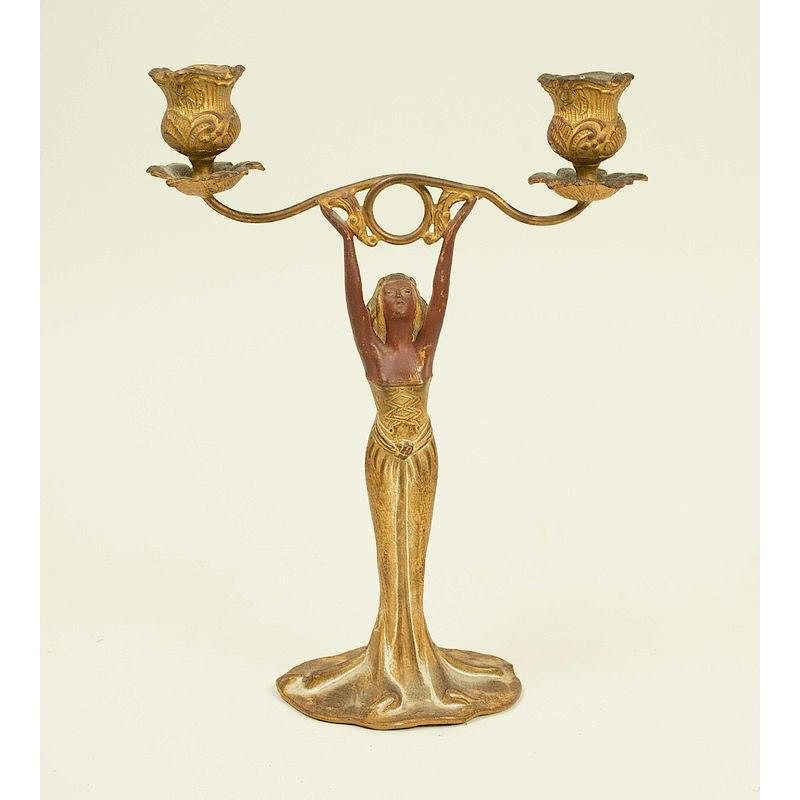 Appraisal: Art Nouveau Figural Candlestick Art Nouveau double arm bronze figural