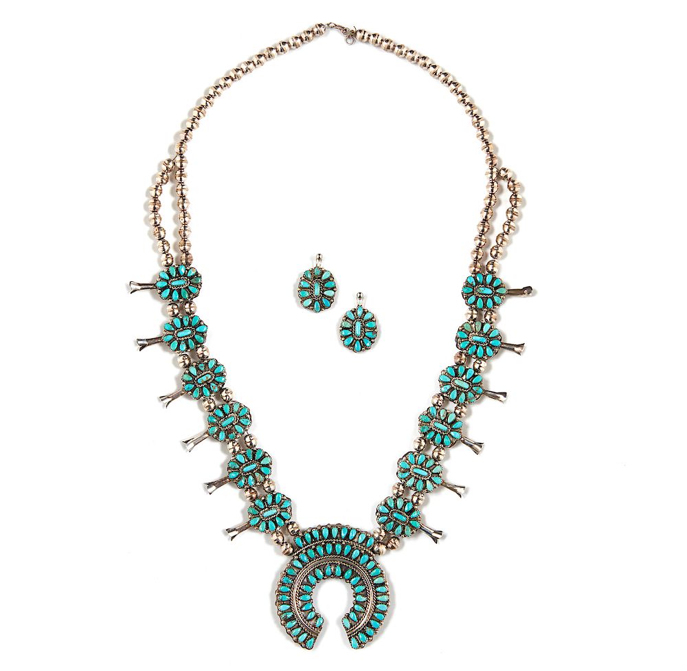 Appraisal: Reversible Southwest Squash Blossom Necklace and Earrings Reversible Southwest turquoise