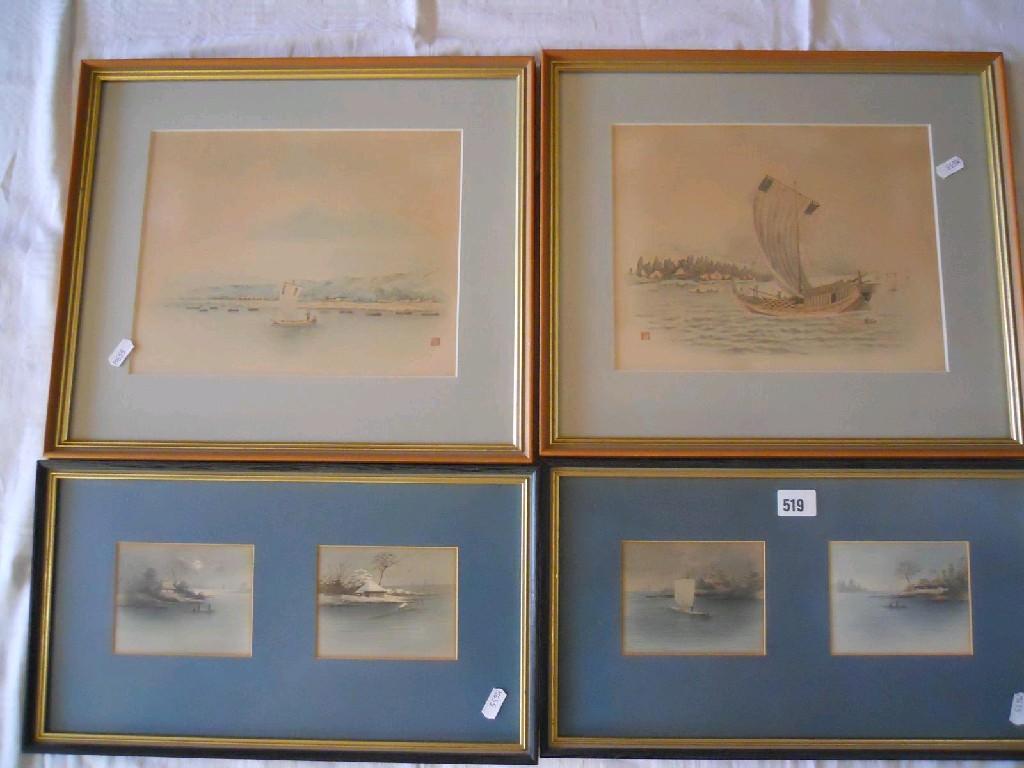 Appraisal: A set of four oriental watercolours of lake scenes including