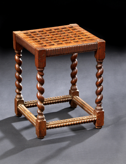 Appraisal: English Oak Stool the square top with pierced latticework raised