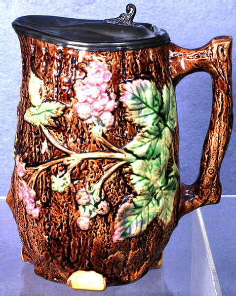 Appraisal: Majolica pitcher with pewter lid berry leaf pattern tall good