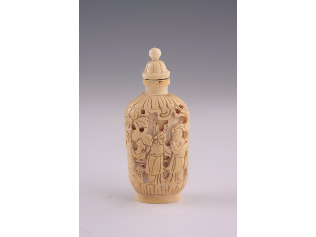 Appraisal: Ivory Snuff Bottle Mid-Century relief carved on both sides depicting