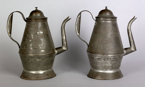 Appraisal: Rare pair of Pennsylvania wrigglework coffee pots th c stamped