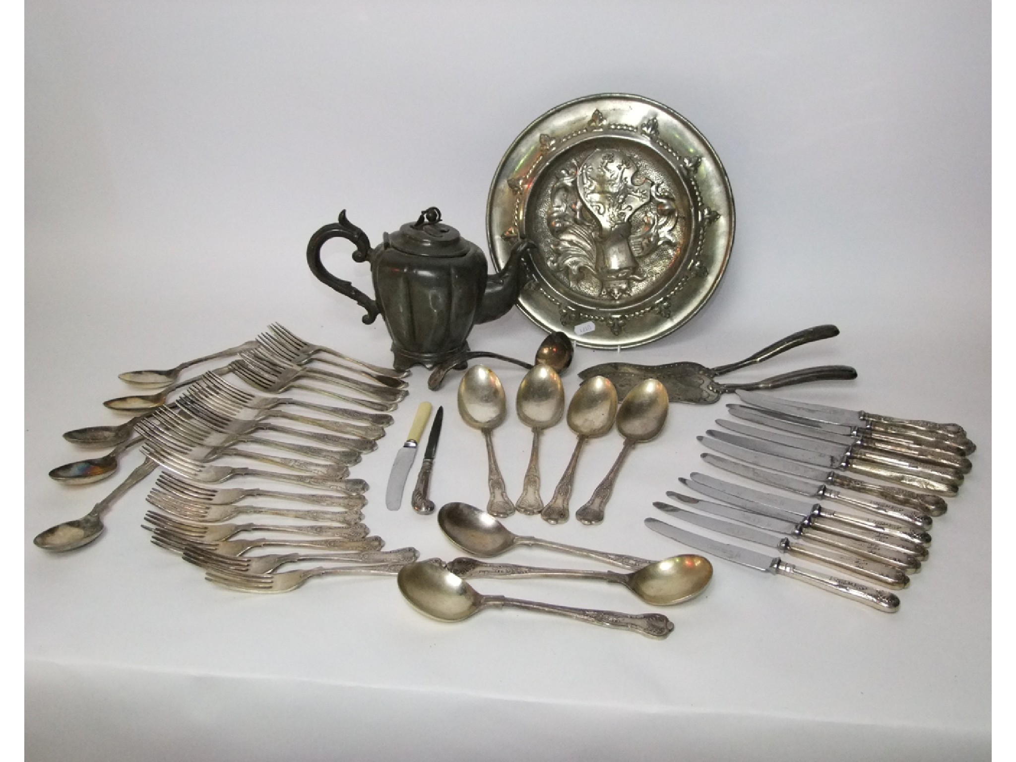 Appraisal: Sundry silver plated cutlery together with a pewter teapot with