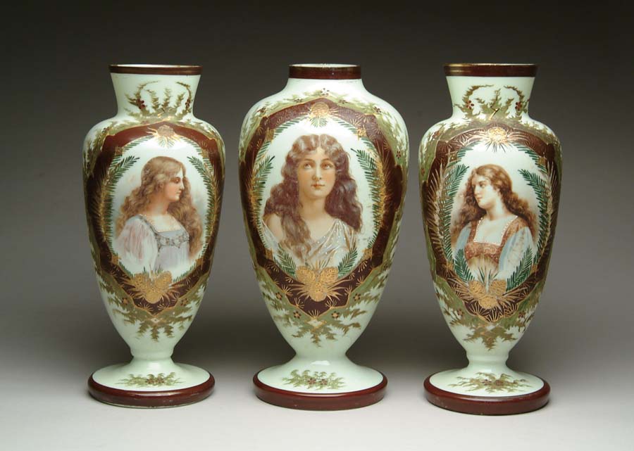 Appraisal: THREE VICTORIAN BRISTOL VASES Outstanding portrait vases feature beautifully done