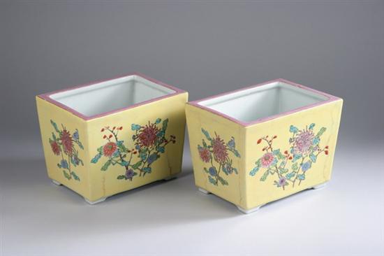 Appraisal: PAIR CHINESE FAMILLE JAUNE PORCELAIN JARDINIERE Maker's mark Floral decoration