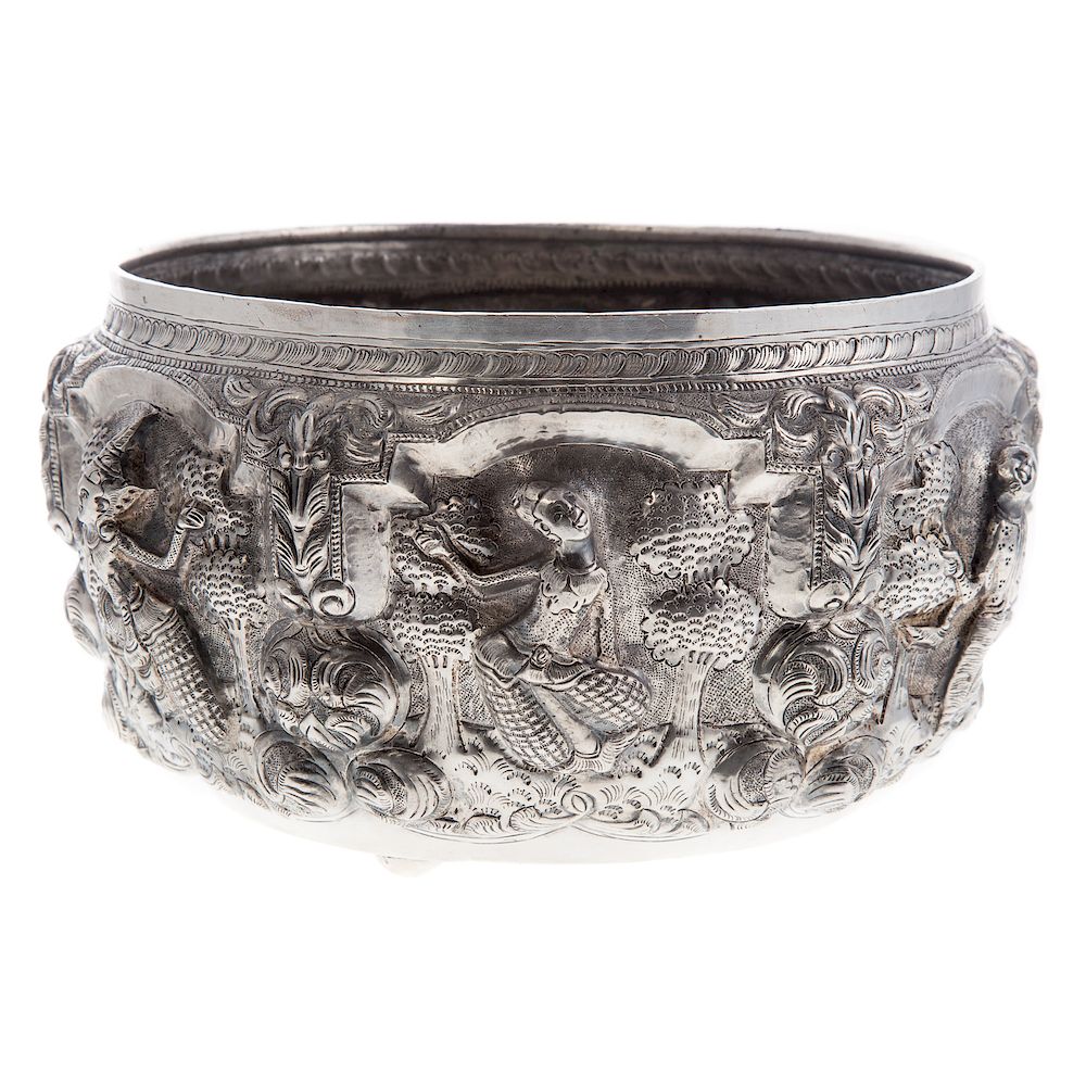 Appraisal: Thai Repousse Silver Offering Bowl With high relief decoration featuring