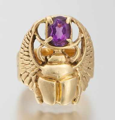 Appraisal: An Interesting Scarab and Amethyst Ring k yellow gold winged