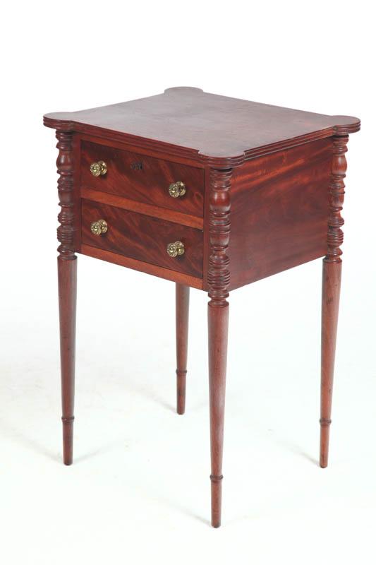 Appraisal: SHERATON TWO-DRAWER STAND American early th century figured veneer mahogany