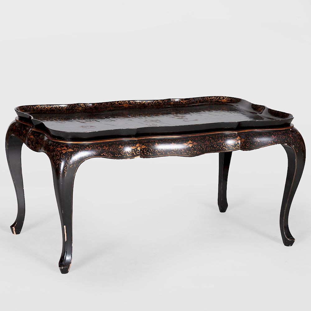 Appraisal: Chinese Export Black Lacquer and Parcel-Gilt Tray on Later Stand