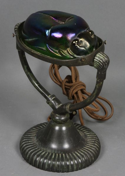 Appraisal: th Century bronze scarab lamp x Glass shade cracked EST