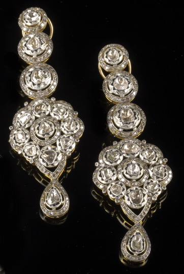 Appraisal: Pair of Silver Fourteen-Karat Yellow Gold and Diamond Chandelier Earrings