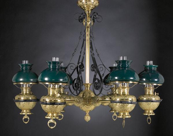 Appraisal: BRADLEY HUBBARD VICTORIAN CHANDELIER Six-arm fixture with kerosene fonts topped