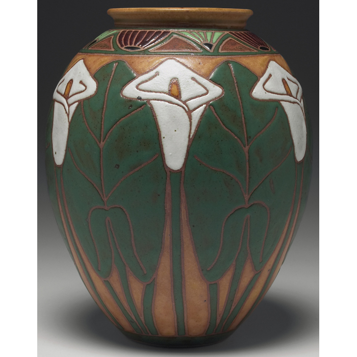 Appraisal: Common Ground vase contemporary bulbous shape with a calla lily