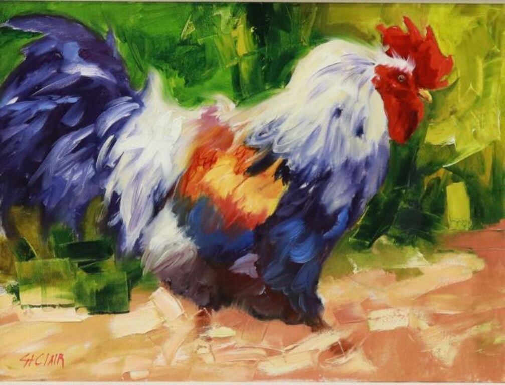 Appraisal: Framed oil on canvas painting Roosters Rule signed lower left