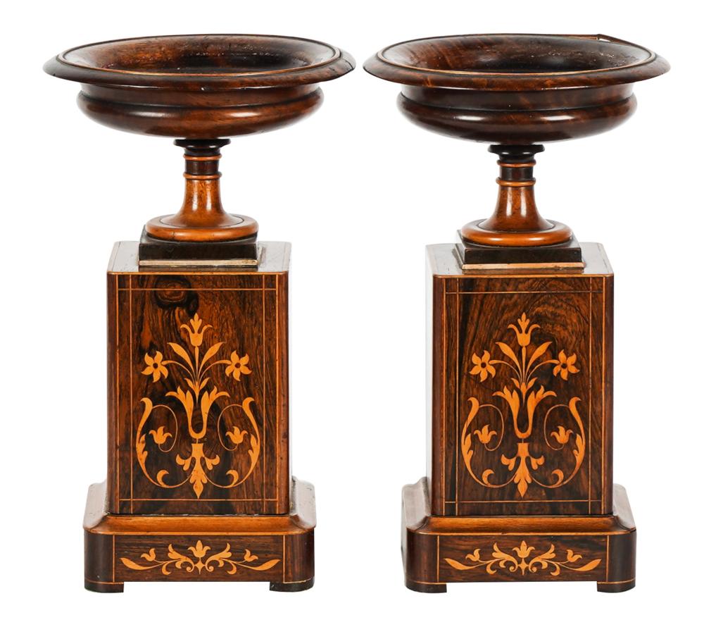 Appraisal: PAIR OF MARQUETRY-INLAID GARNITURESeach bowl inches diameter each plinth inches