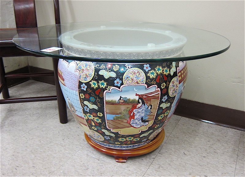 Appraisal: CHINESE PORCELAIN FISHBOWL LAMP TABLE having a diameter round glass