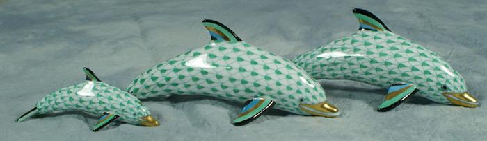 Appraisal: Herend fishnet figurines three green dolphins longest no damage Estimate